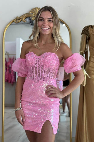 Pink Sequins Strapless Short Tight Homecoming Dresses with Appliques DM24081503