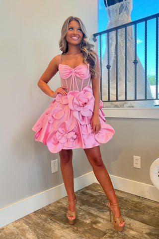 Pink Sweetheart A-Line Short Homecoming Dresses with 3D Flowers DM24091405