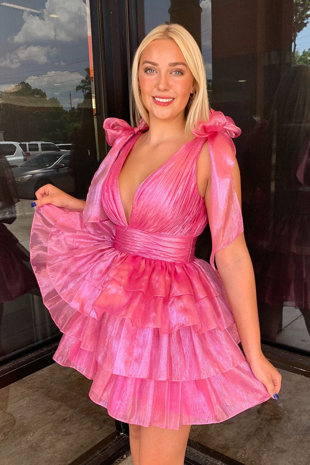 Pink V Neck Tiered Satin A-Line Homecoming Dresses DM24082803 Dressmeet Pink V Neck Tiered Satin A-Line Homecoming Dresses DM24082803 Dressmeet