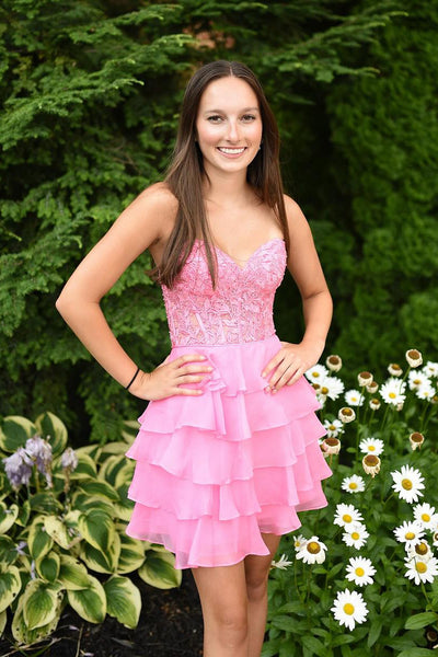 Pretty A-Line Sweetheart Pink Ruffle Chiffin Short Homecoming Dress with Appliques DM24082903