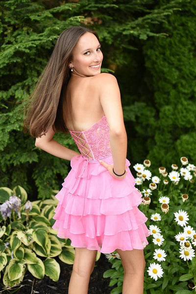 Pretty A-Line Sweetheart Pink Ruffle Chiffin Short Homecoming Dress with Appliques DM24082903