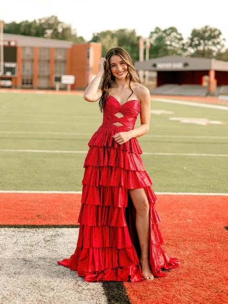 Gorgeous Sweetheart Daffodil Tiered Hot Fix Satin Prom Dress with Slit DM52102708