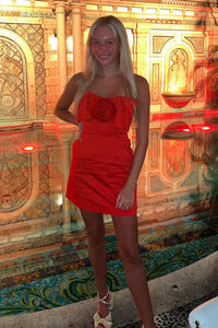 Red Strapless Short Tight Homecoming Dresses with Bow DM24081502