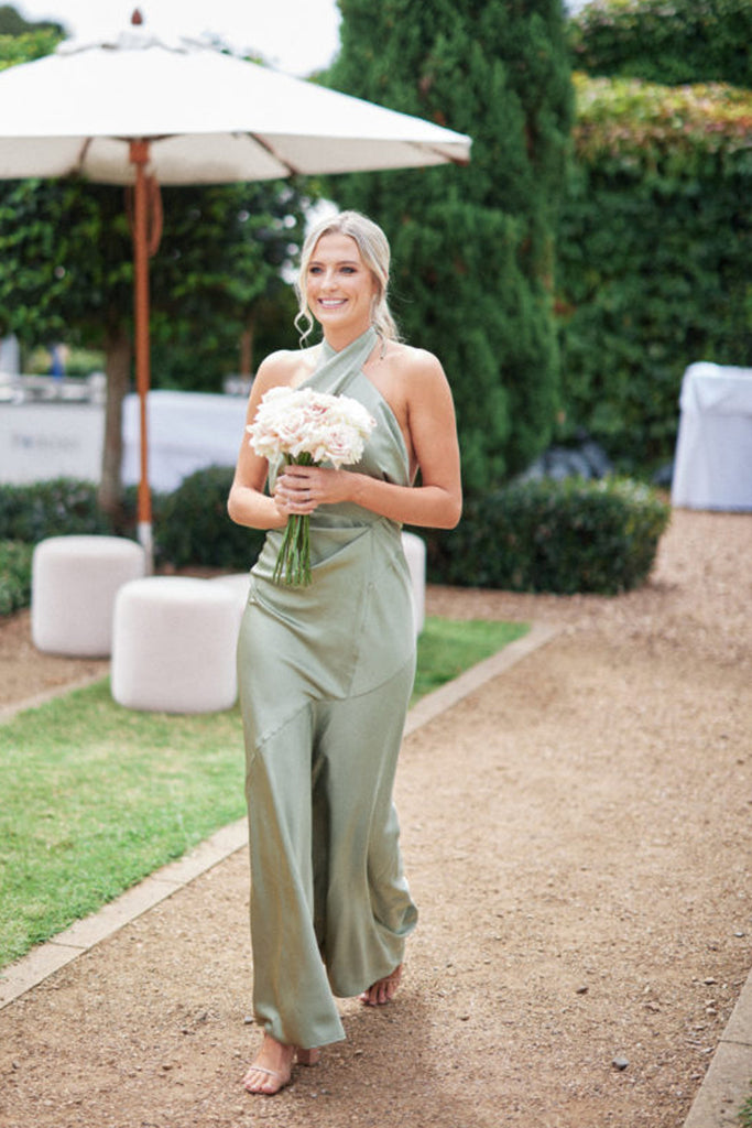 Sheath Halter Sage Green Silk Satin Long Bridesmaid Dresses DM24082101 Dressmeet Sheath Halter Sage Green Silk Satin Long Bridesmaid Dresses DM24082101 Dressmeet