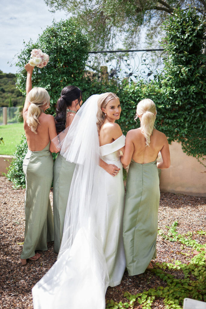 green emerald velvet dress Zapaka Women Green Bridesmaid Dress Strapless Satin Sheath Wedding Party Dress, Satin Color / US8