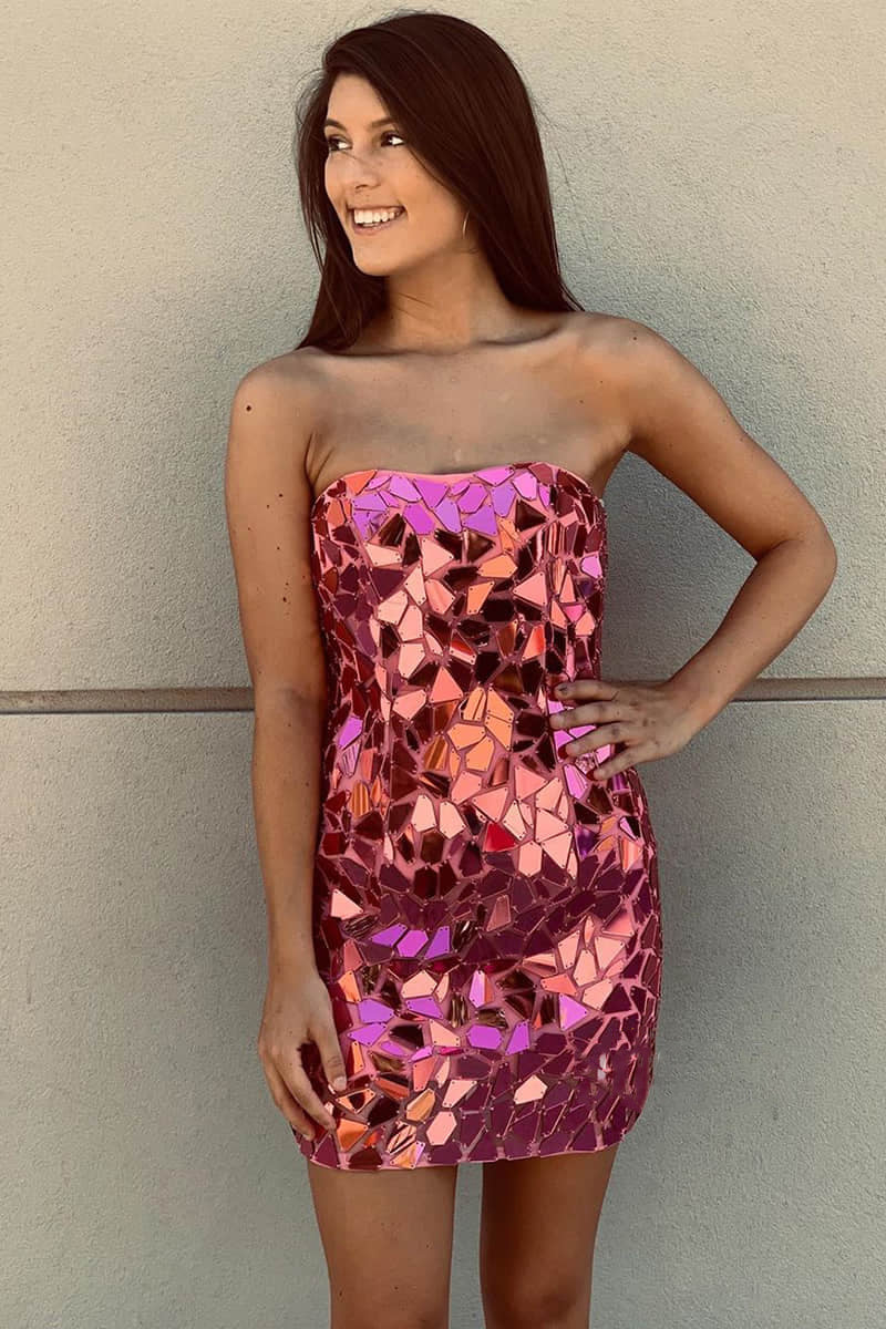 Sparkly Pink Strapless cTight Short Homecoming Dresses DM24082218