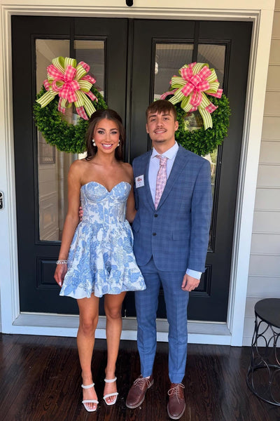 Sweetheart A Line Light Blue Jacquard Satin Homecoming Dress DM161702
