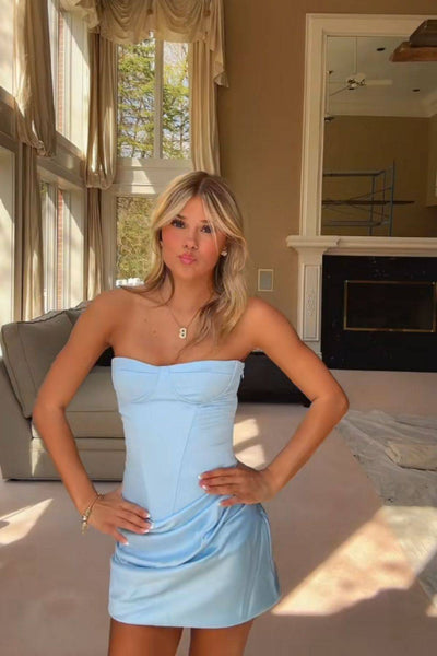 Strapless Sheath Light Blue Draped Short Homecoming Dress with Cutout