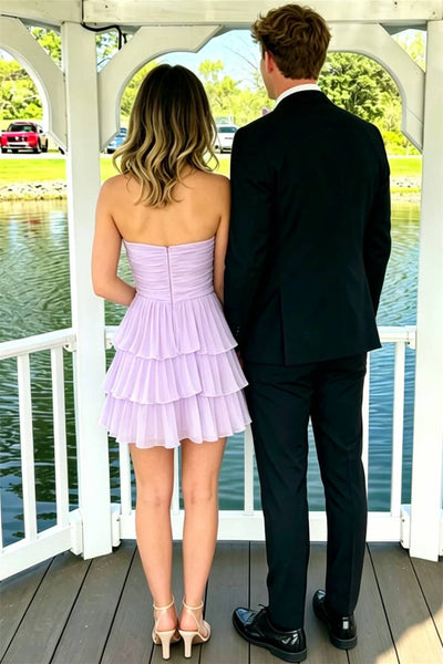 A Line Sweetheart Lilac Chiffon Pleated Tiered Homecoming Dress DM161713