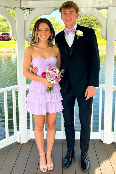 A Line Sweetheart Lilac Chiffon Pleated Tiered Homecoming Dress DM161713