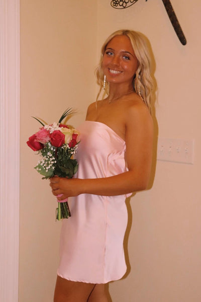 Strapless Pink Back Tie A-line Short Dress DM161703