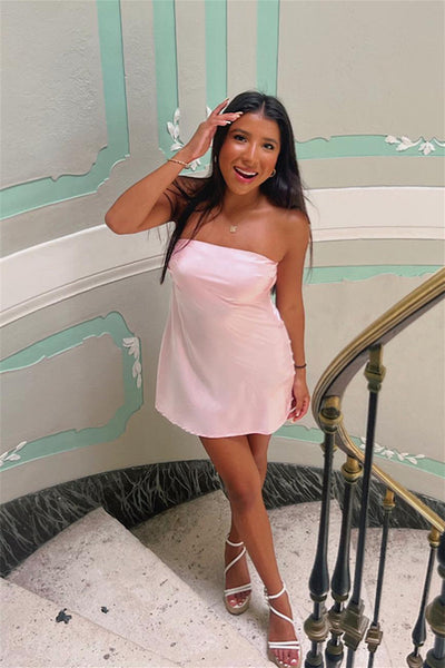 Strapless Pink Back Tie A-line Short Dress DM161703
