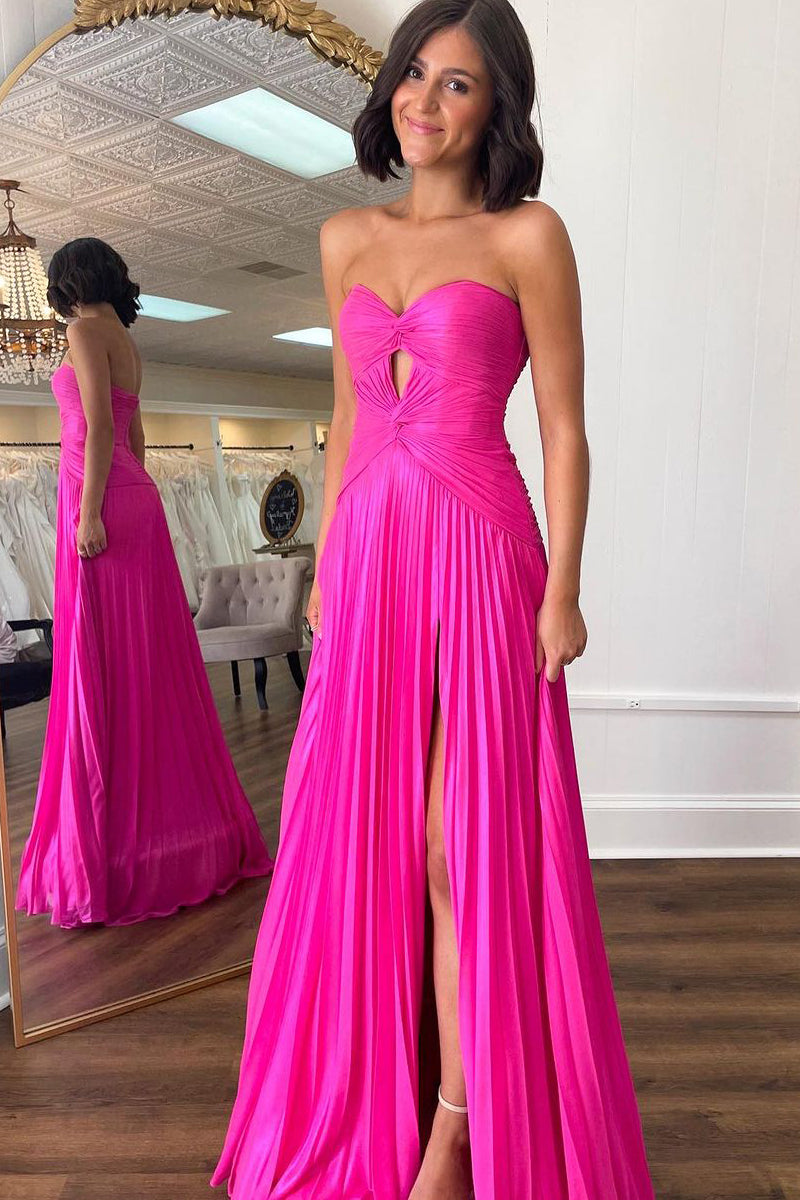 Sweet Mermaid Keyhole Pink Pleat Chiffon Slit Prom Dress DM24122415-1