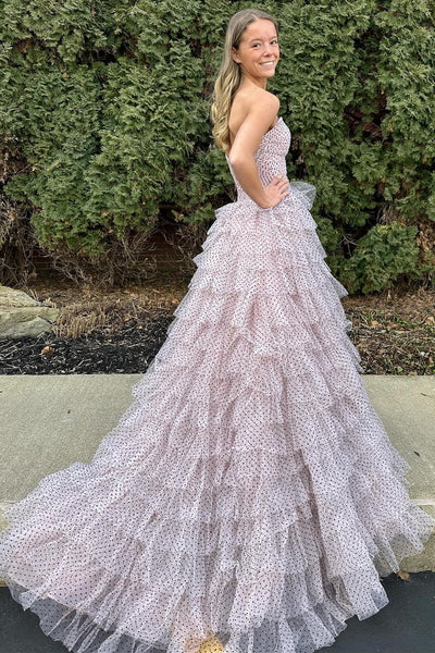 Sweetheart A Line Light Pink Dot Tiered Prom Dress with Slit DM25010411-2