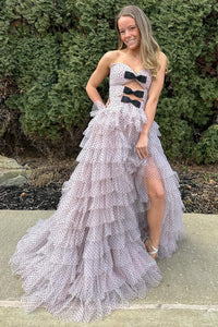 Sweetheart A Line Light Pink Dot Tiered Prom Dress with Slit DM25010411-1