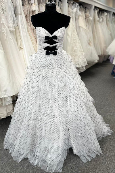 Sweetheart A Line Light Pink Dot Tiered Prom Dress with Slit DM25010411-5