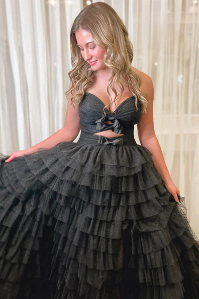 Sweetheart A Line Light Pink Dot Tiered Prom Dress with Slit DM25010411-8