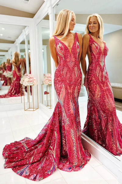 Blue Straps V-Neck Sequins Sleeveless Mermaid Long Prom Dress DM25102803