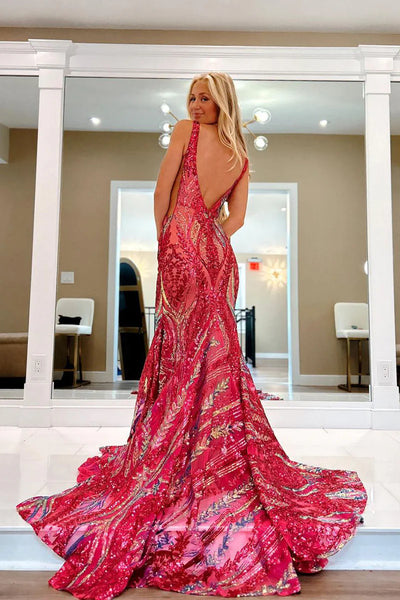 Blue Straps V-Neck Sequins Sleeveless Mermaid Long Prom Dress DM25102803
