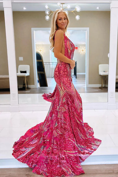 Blue Straps V-Neck Sequins Sleeveless Mermaid Long Prom Dress DM25102803