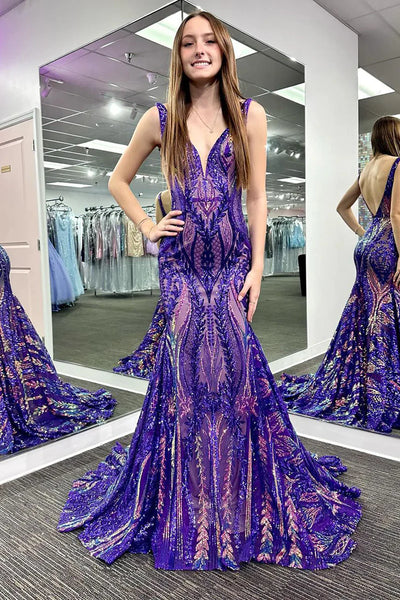 Blue Straps V-Neck Sequins Sleeveless Mermaid Long Prom Dress DM25102803