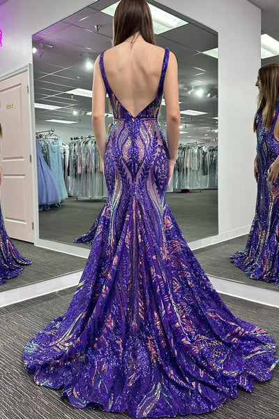 Blue Straps V-Neck Sequins Sleeveless Mermaid Long Prom Dress DM25102803