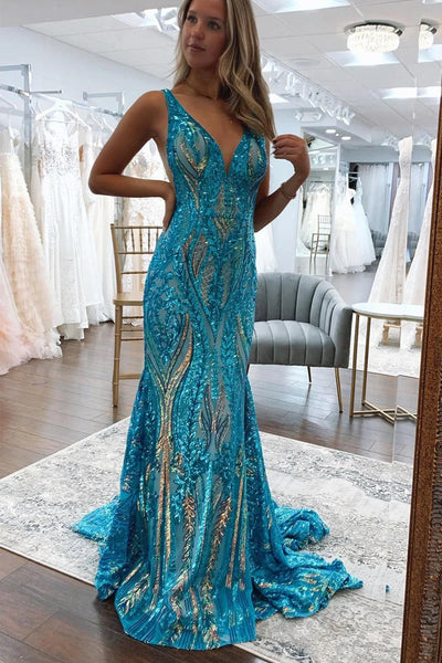 Blue Straps V-Neck Sequins Sleeveless Mermaid Long Prom Dress DM25102803
