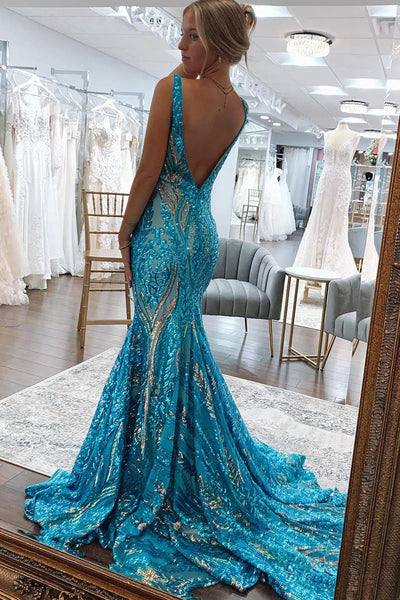 Blue Straps V-Neck Sequins Sleeveless Mermaid Long Prom Dress DM25102803