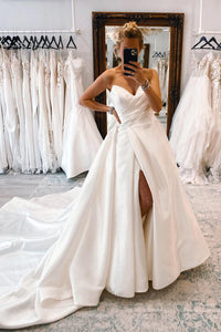 Ball Gown White Satin Long Wedding Dress with Slit