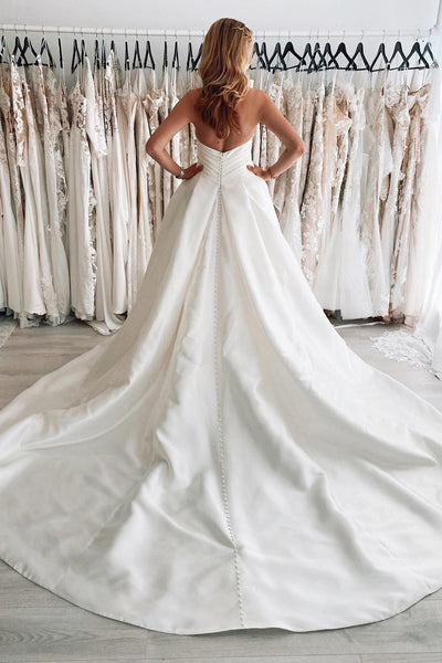 Ball Gown White Satin Long Wedding Dress with Slit