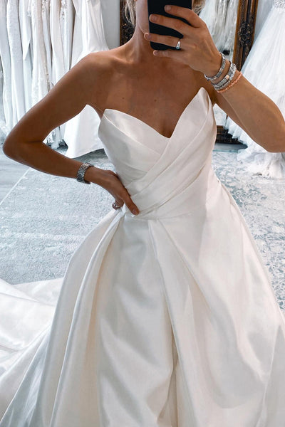 Ball Gown White Satin Long Wedding Dress with Slit