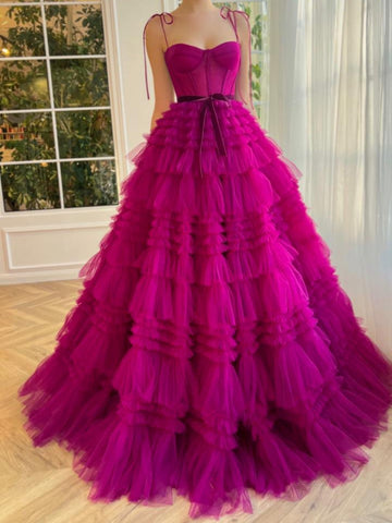 Cute A Line Sweetheart Fuchsia Tiered Tulle Prom Dresses