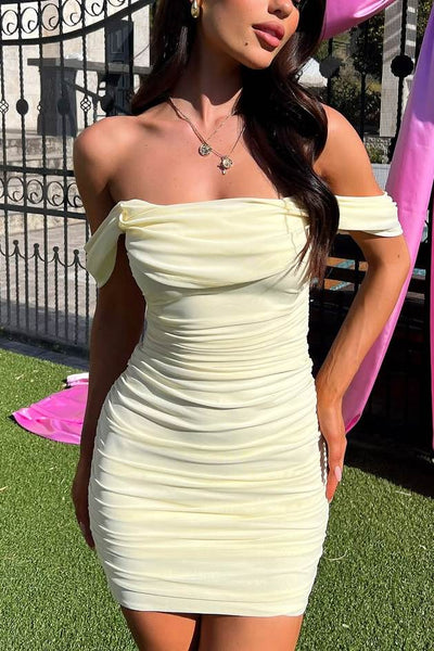 Yellow Off-The-Shoulder Chiffon Tight Short Party Homecoming Dress DM161711