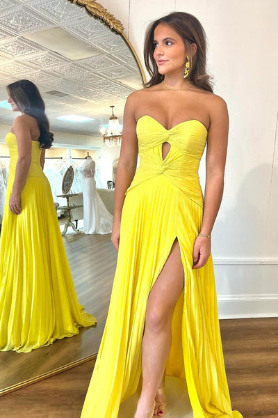 A-Line Sweetheart Yellow Long Prom Dress with Slit MD4020405