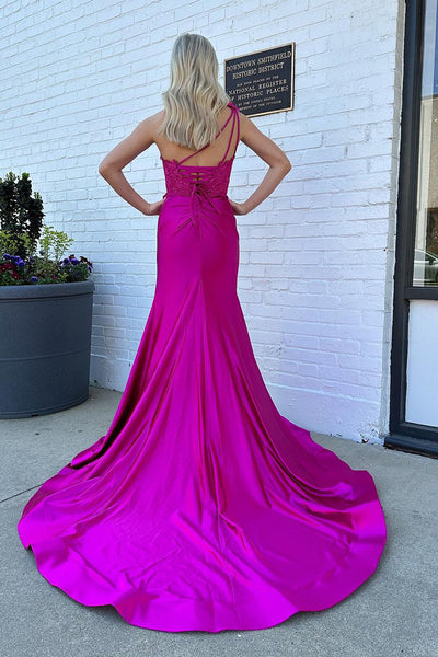 Elegant One Shoulder Satin Mermaid Long Prom Dress with Appliques MD4032804