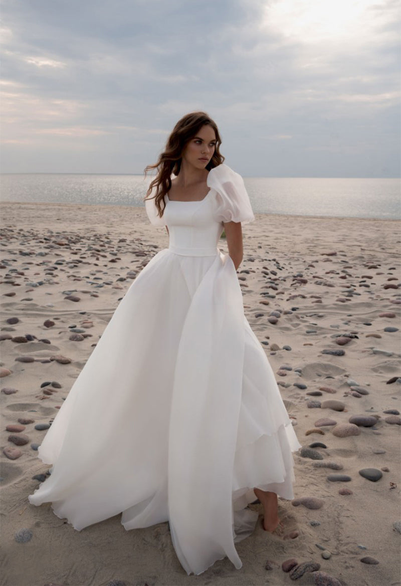 Princess A-Line Square Neck Puff Sleeve Sweep Train Wedding Dress DM0911110 Dressmeet Princess A-Line Square Neck Puff Sleeve Sweep Train Wedding Dress DM0911110 Dressmeet