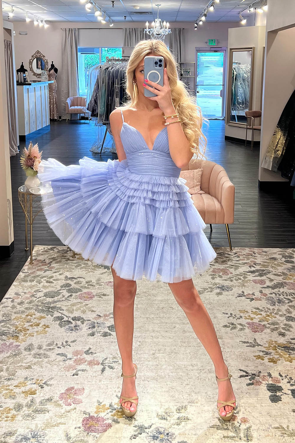 Glitter Blue A-Line Tulle Tiered Short Homecoming Dress MD0903015