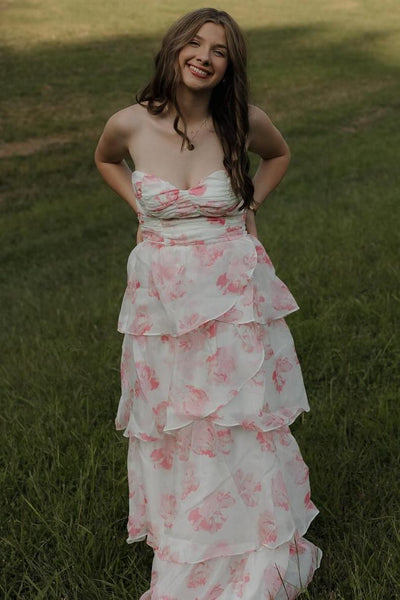 Cute A-Line Sweetheart Pink Floral Printed Layered Long Prom Dress DM25102807