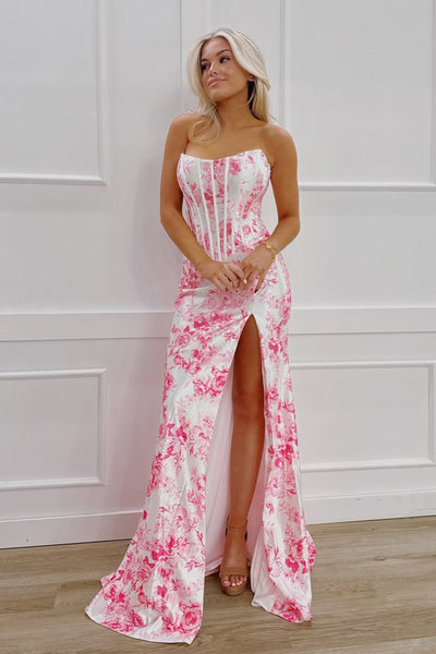 Sheath Merrmaid Strapless Floral Satin Slit Prom Dress DM26011206