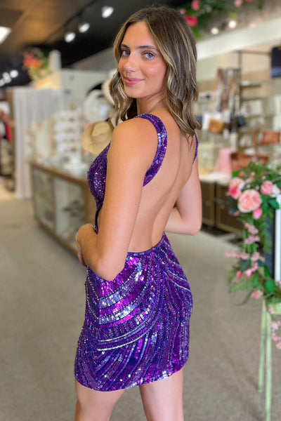 Glitter Bodycon V Neck Backless Purple Sequins Short Homecoming Dresses MD4062706