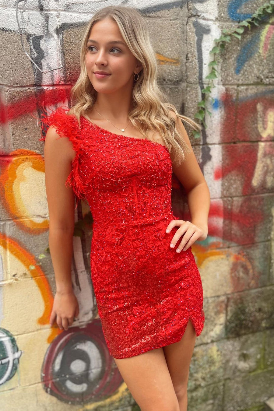One-Shoulder Red Sequin Lace Short Homecoming Dress with Feathers MD090405