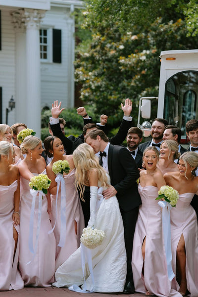 A-Line Strapless Pink Satin Long Bridesmaid Dress with Slit DM26103001