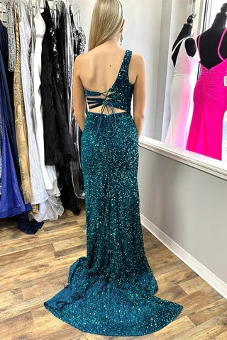 One-Shoulder Turquoise Sequin Keyhole Long Prom Dress with Slit MD122306