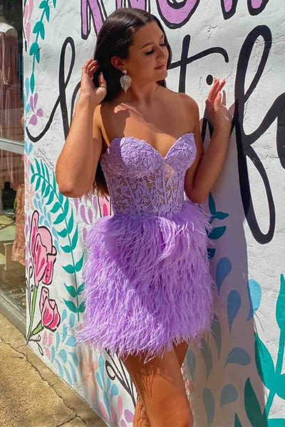Sweetheart Feather Skirt Lavender Tight Homecoming Dress MD091608