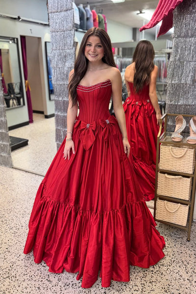 Ball Gown Scoop Neck Red Satin Prom Dress with Bow DM52122207