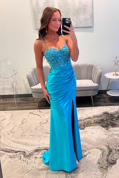 Cute Mermaid Straps Blue Satin Slit Prom Dress with Appliques DM25012908