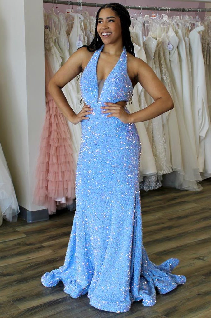 Blue Iridescent Sequin Halter Trumpet Long Prom Dress MD121202