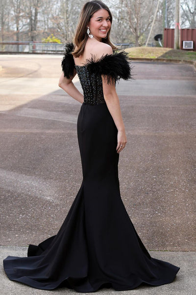 Black Strapless Beaded Mermaid Long Prom Dress with Feather MD4022702