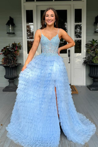 Elegant A-Line V Neck Blue Tulle Appliques Ruffle Tiered Long Prom Dresses Formal Gown with Side Slit DM25101609