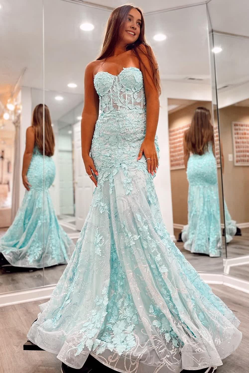 Cute Mermaid Sweetheart Lace Long Prom Dress with Appliques DM242904